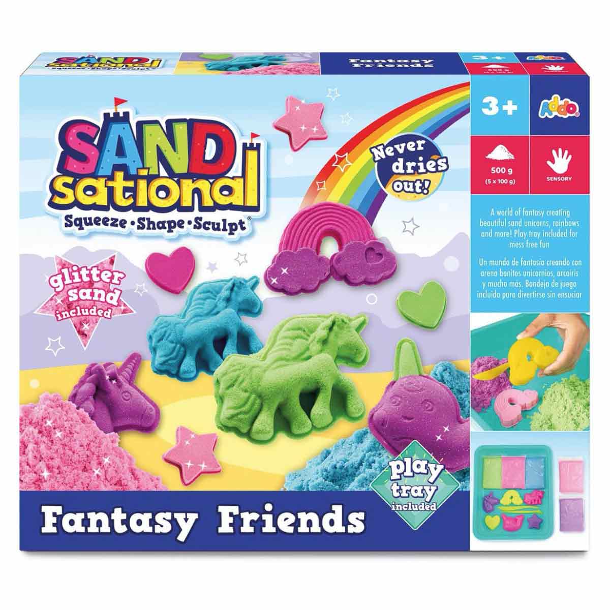 Colorful craft set featuring glitter sand in pink and purple, animal-shaped molds, and a play tray, designed for creative fun and sensory play for ages 3 and up.