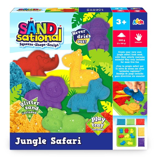 Colorful SANDsational Jungle Safari Craft Set features vibrant sand in blue, yellow, and red, with animal-shaped molds and a play tray, ideal for sensory play.