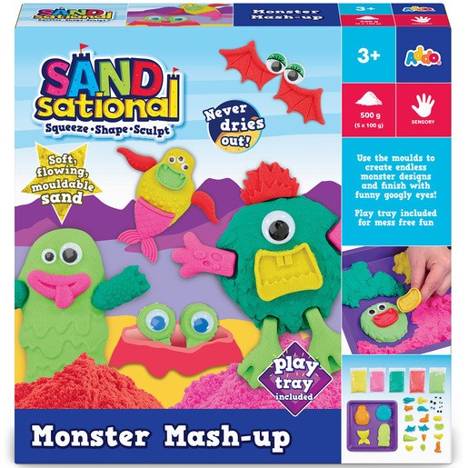 Colorful craft set featuring soft, moldable sand in vibrant hues, monster-shaped molds, googly eyes, and a play tray, designed for creative fun and sensory play.