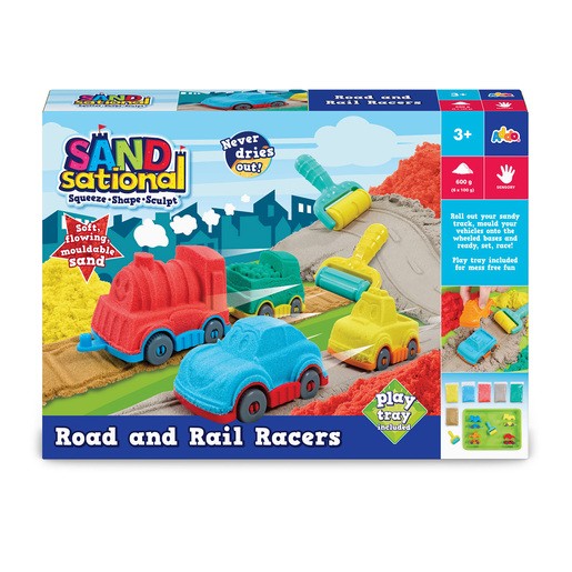 Colorful craft set featuring red and blue toy vehicles, including a truck and a car, with moldable sand and tools, all in a vibrant box design with a play tray.