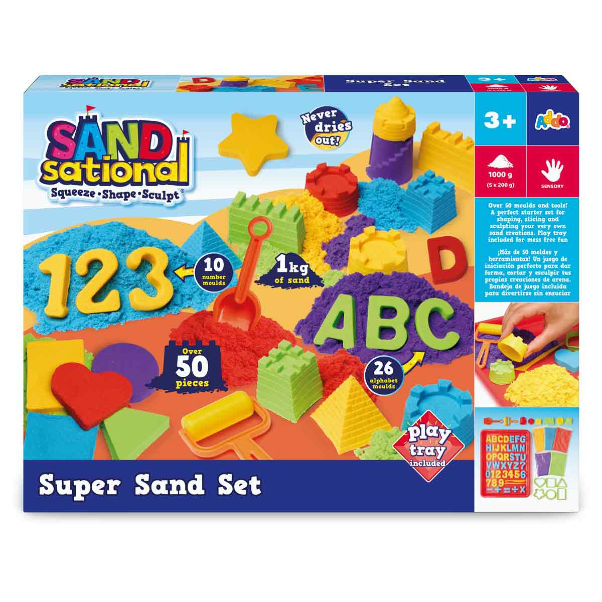 Colorful SANDsational Super Sand Craft Set featuring vibrant sand, various molds, a play tray, and educational shapes, designed for creative play and sculpting fun.