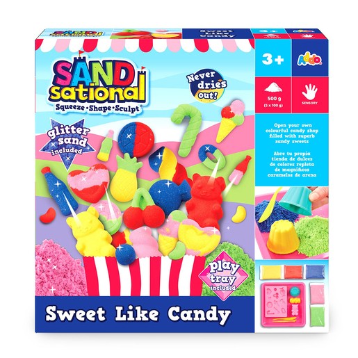 Colorful craft set featuring glittery sand, various candy-shaped molds, and a play tray, designed for creative projects for children aged 3 and up.