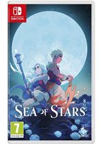 "Sea of Stars - Switch" game cover featuring a blue moon backdrop, two characters in vibrant attire, and the title prominently displayed at the bottom.