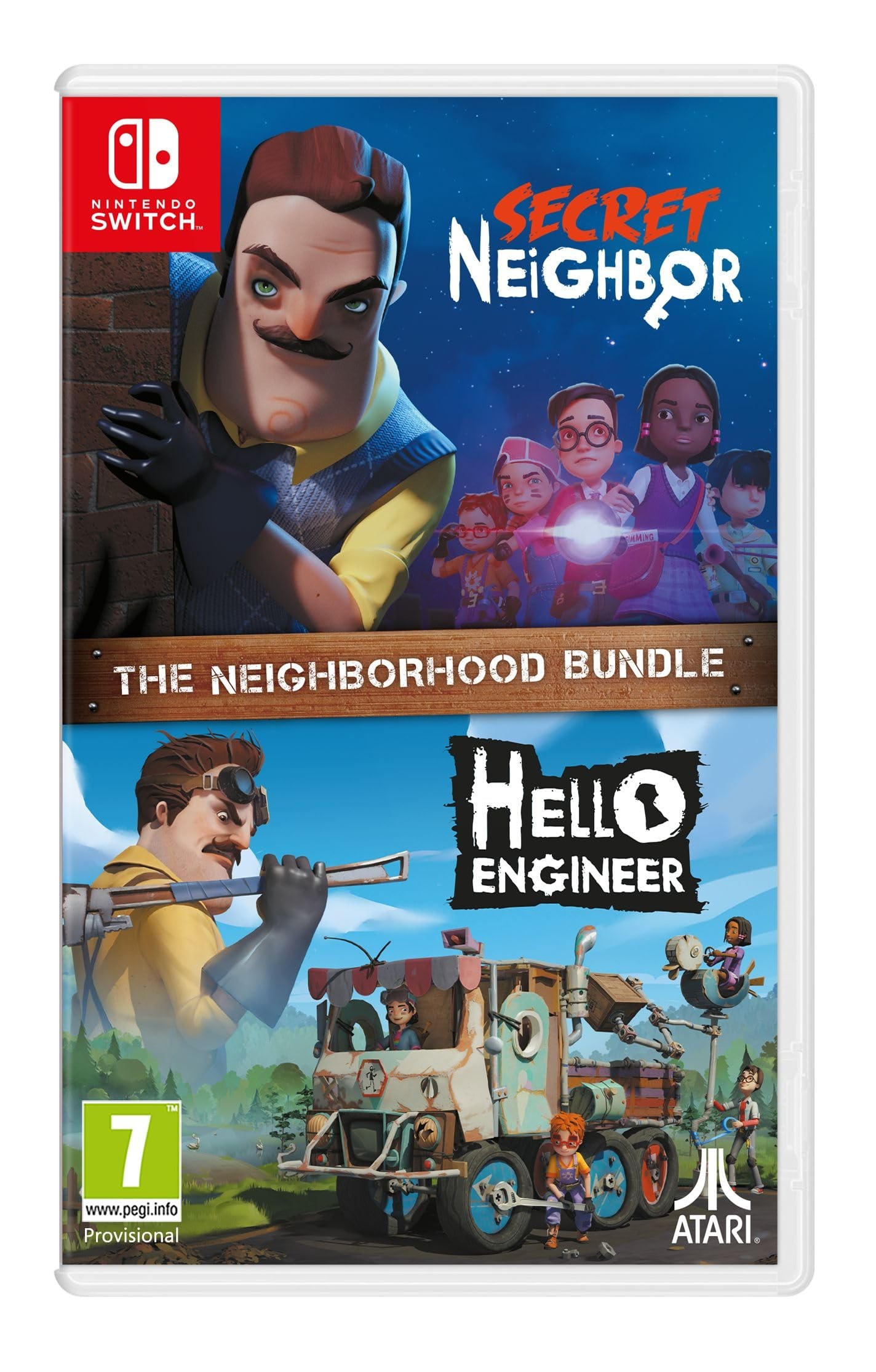 Nintendo Switch game bundle featuring "Secret Neighbor" and "Hello Engineer," with colorful graphics depicting characters and scenes from both games on a white background.