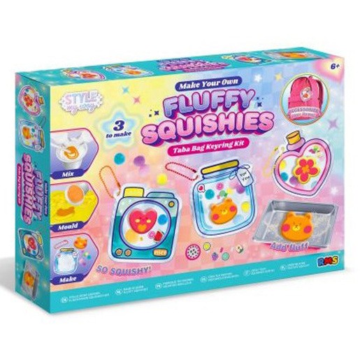 Colorful craft kit box featuring "Shaker Charm Squishies" with images of a mixing bowl, jar, and keyring, showcasing vibrant designs and playful graphics.