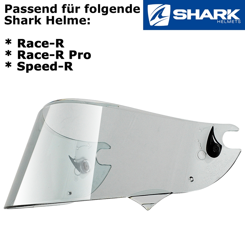 Clear visor with a 50% tint, designed for Shark Race-R, Race-R Pro, and Speed-R helmets, featuring a sleek, aerodynamic shape and a mounting mechanism on the side.