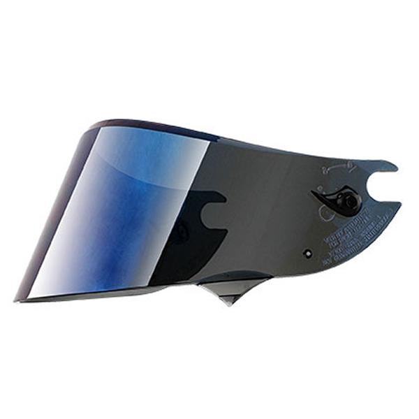 Blue iridium visor for Shark Race-R Pro, Race-R, and Speed-R helmets, featuring a sleek, curved design with a reflective surface and a side locking mechanism.