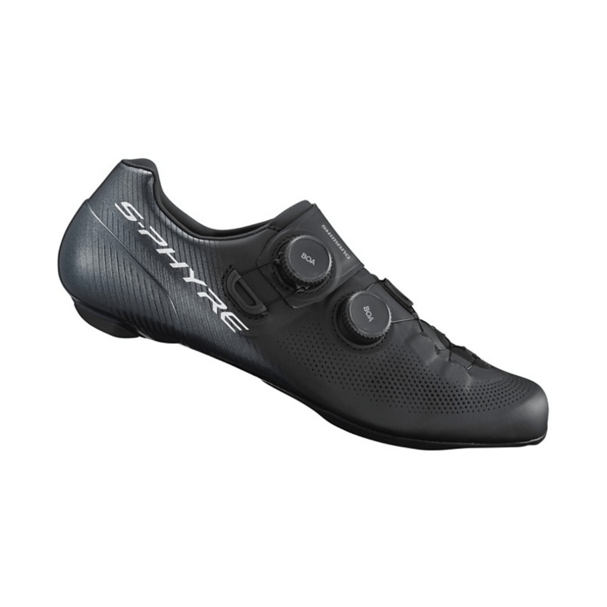 Black Shimano S-Phyre RC9 road shoes featuring a sleek design, mesh upper for breathability, and dual BOA dial closures for a secure fit, size 46.