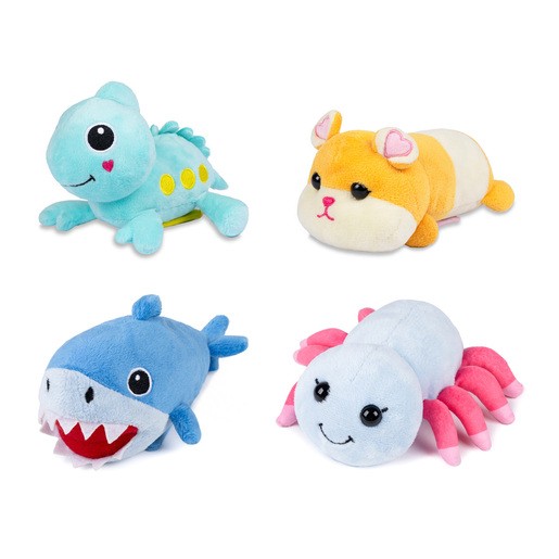 Four colorful shoulder animal soft toys: a light blue dinosaur, an orange and white cat, a blue shark with a toothy grin, and a pink and blue spider, all made of soft plush material.