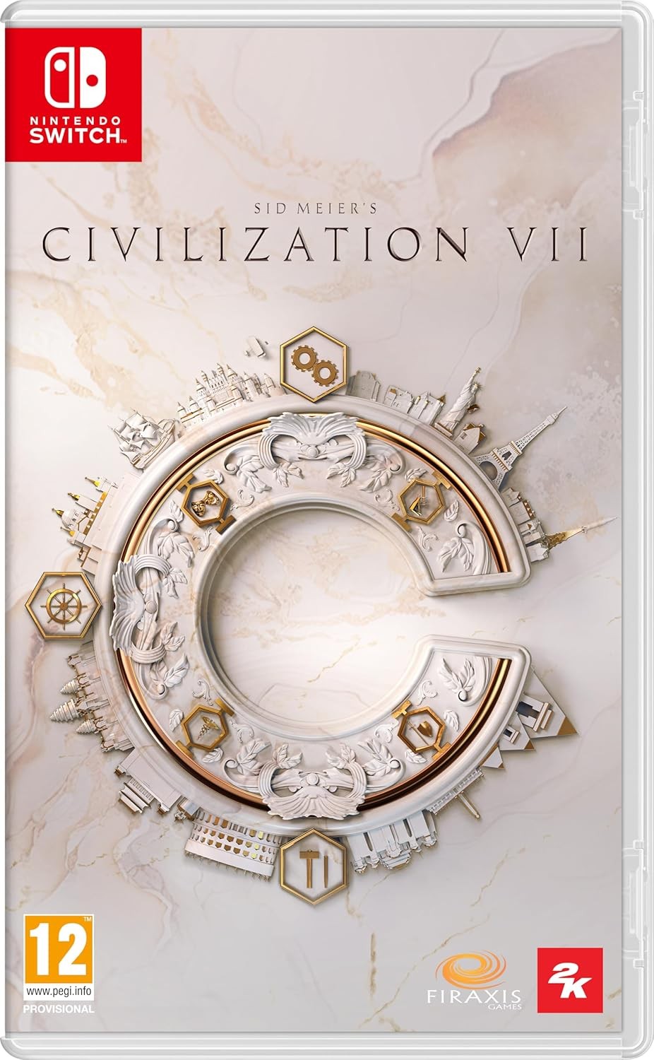 Sid Meier's Civilization VII Standard Edition for Nintendo Switch features a white and gold cover with an ornate "C" design and cityscape elements, housed in a clear plastic case.