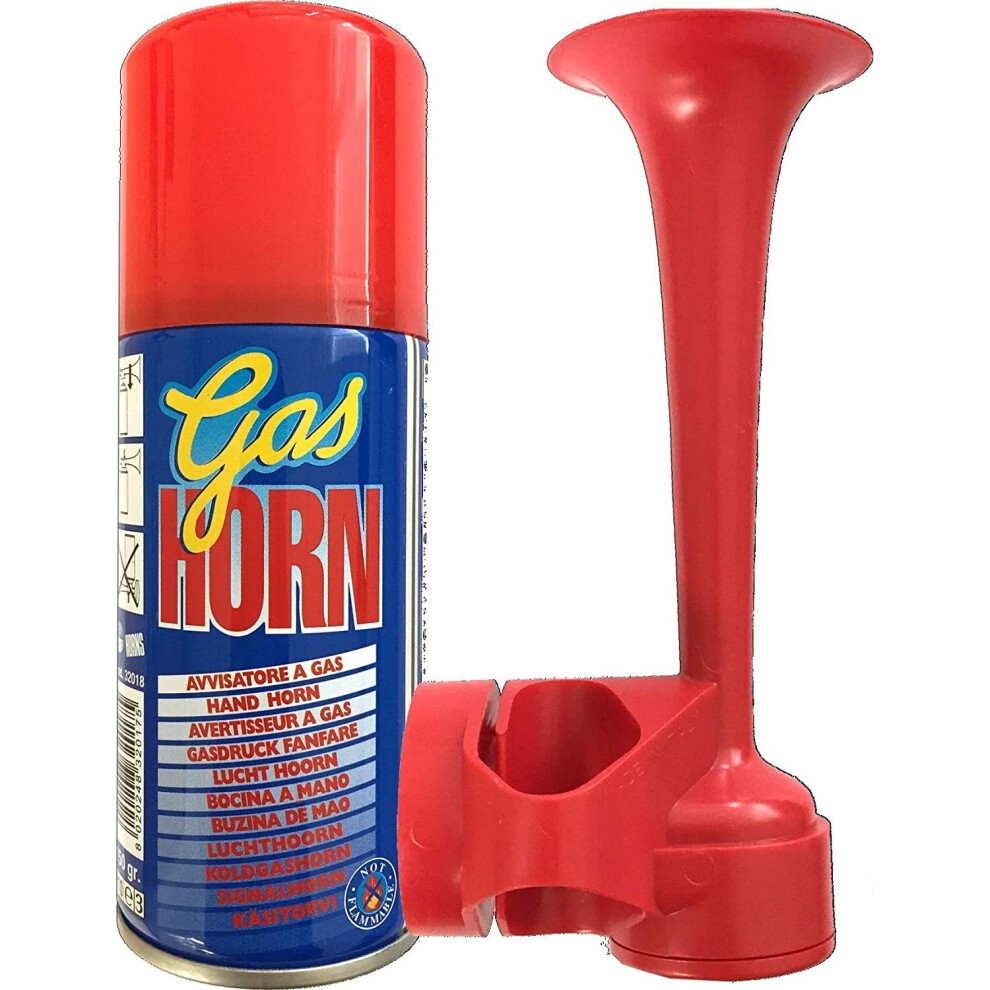 Red aerosol can labeled "Gas Horn" with blue and white accents, accompanied by a bright red plastic horn attachment for manual use.