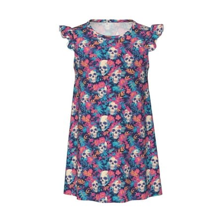 Colorful nightgown featuring a floral and skull print, with ruffled sleeves and a relaxed fit, perfect for girls' sleepwear.