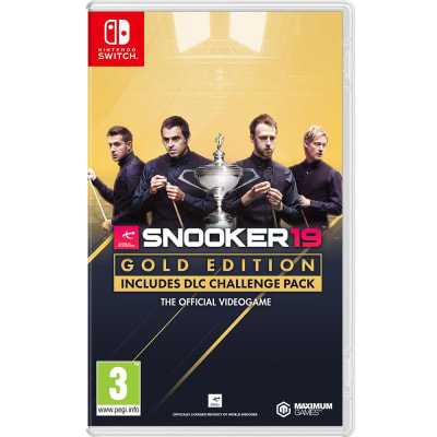 Snooker 19 Gold Edition for Nintendo Switch features a sleek case with a trophy image, four professional snooker players, and vibrant gold and black graphics.