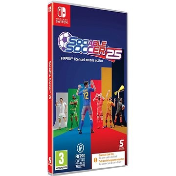 Sociable Soccer 2025 game case for Nintendo Switch, featuring vibrant colors and images of players in various jerseys, with a prominent "3" age rating and "FIFPRO" logo.