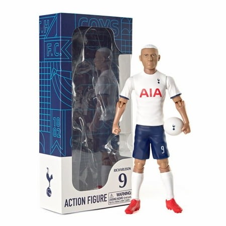 Richarlison 8-inch collectible soccer action figure wearing a white Tottenham jersey with "AIA" logo, blue shorts, red shoes, and holding a soccer ball, packaged in a clear box.