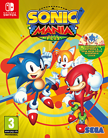 Brightly colored game cover featuring Sonic the Hedgehog, Tails, and Knuckles against a dynamic background with red, blue, and yellow accents, labeled "Sonic Mania Plus" by Sega.