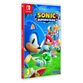 Sonic Superstars game cover featuring Sonic the Hedgehog in vibrant blue, with colorful characters and a bright green background, designed for Nintendo Switch.
