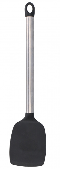 Silver and black stainless steel ladle with a long handle and a wide, flat, black silicone scoop, designed for serving soups and sauces.