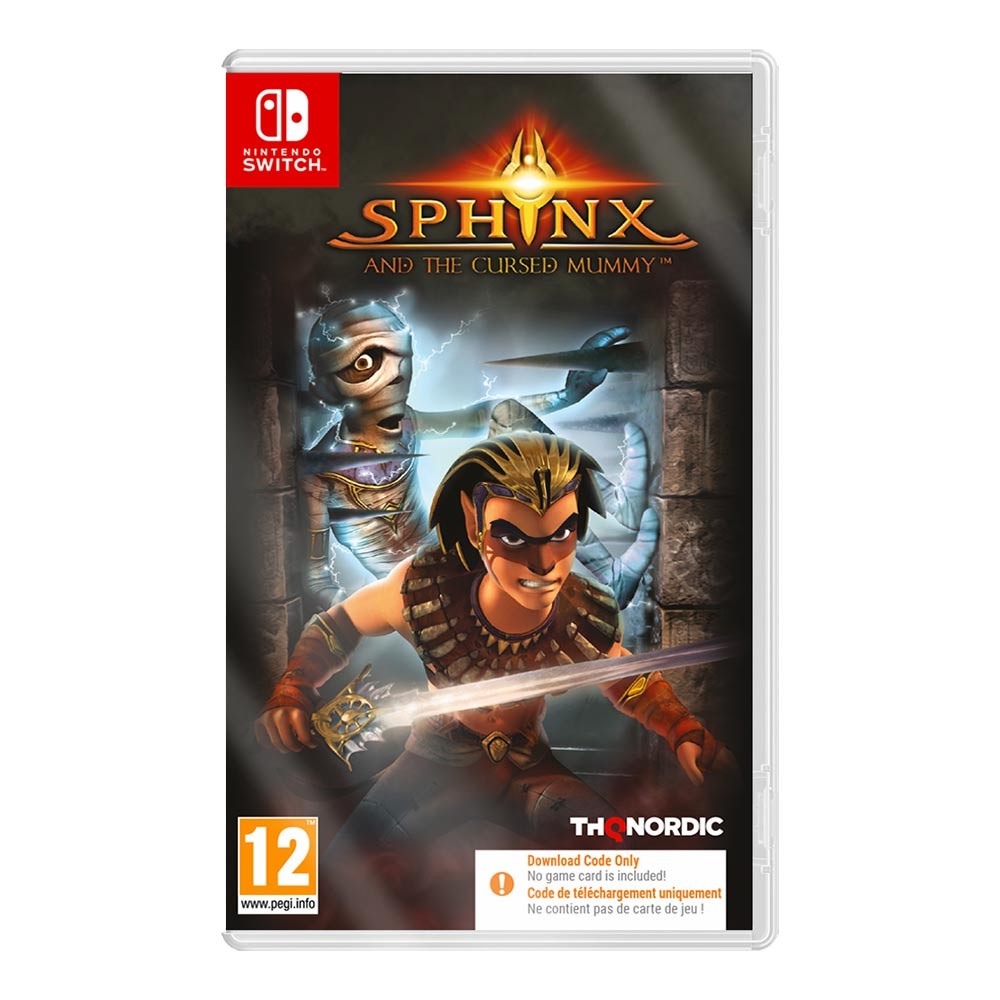 Sphinx and the Cursed Mummy game case for Nintendo Switch, featuring vibrant artwork of a hero with a sword and a mummy in the background, with a prominent logo at the top.