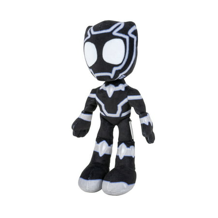 Black Panther soft toy, 20cm tall, features a black and silver costume with large white eyes, made of soft plush material, perfect for kids and collectors.