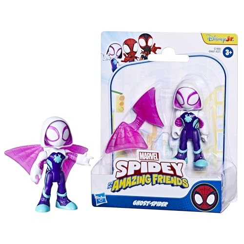 Purple and blue Ghost-Spider figure with a white mask and pink accents, packaged with a pink cape, set against a colorful backdrop featuring Spidey and his friends.