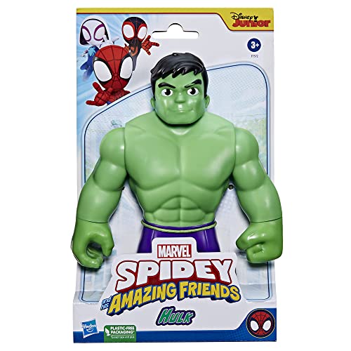 Green Hulk figure with a muscular build, wearing purple shorts, packaged in a colorful box featuring Spidey and friends graphics, suitable for ages 3 and up.