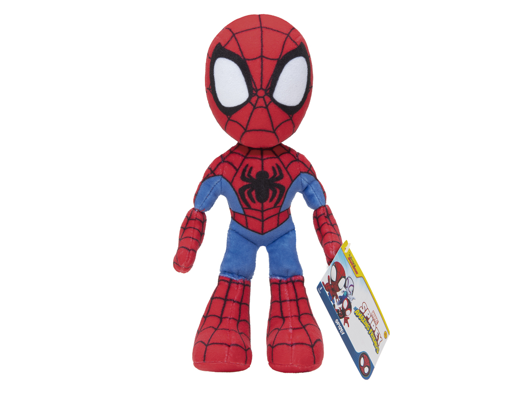 Red and blue soft toy of Spidey, featuring large white eyes, a spider emblem on the chest, and a tag attached, measuring 20cm tall.