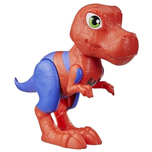 A red and blue Spidey-Rex figure with a textured surface, large green eye, and cartoonish features, resembling a dinosaur in a superhero costume.