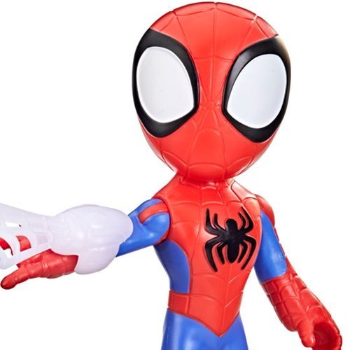 Supersized 9-inch Spidey action figure features a red and blue costume with a black spider emblem, large white eyes, and a flexible plastic design, ideal for preschool play.