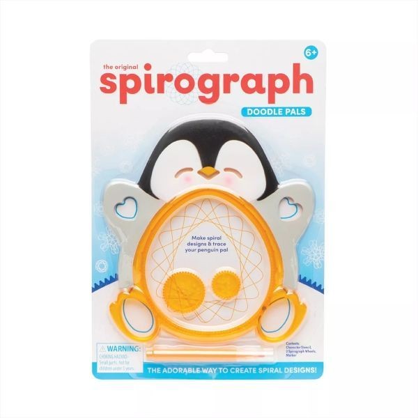 Spirograph Doodle Pals Craft Set featuring a penguin design, with a yellow drawing tool and spiral template, packaged in colorful, playful graphics suitable for ages 6 and up.