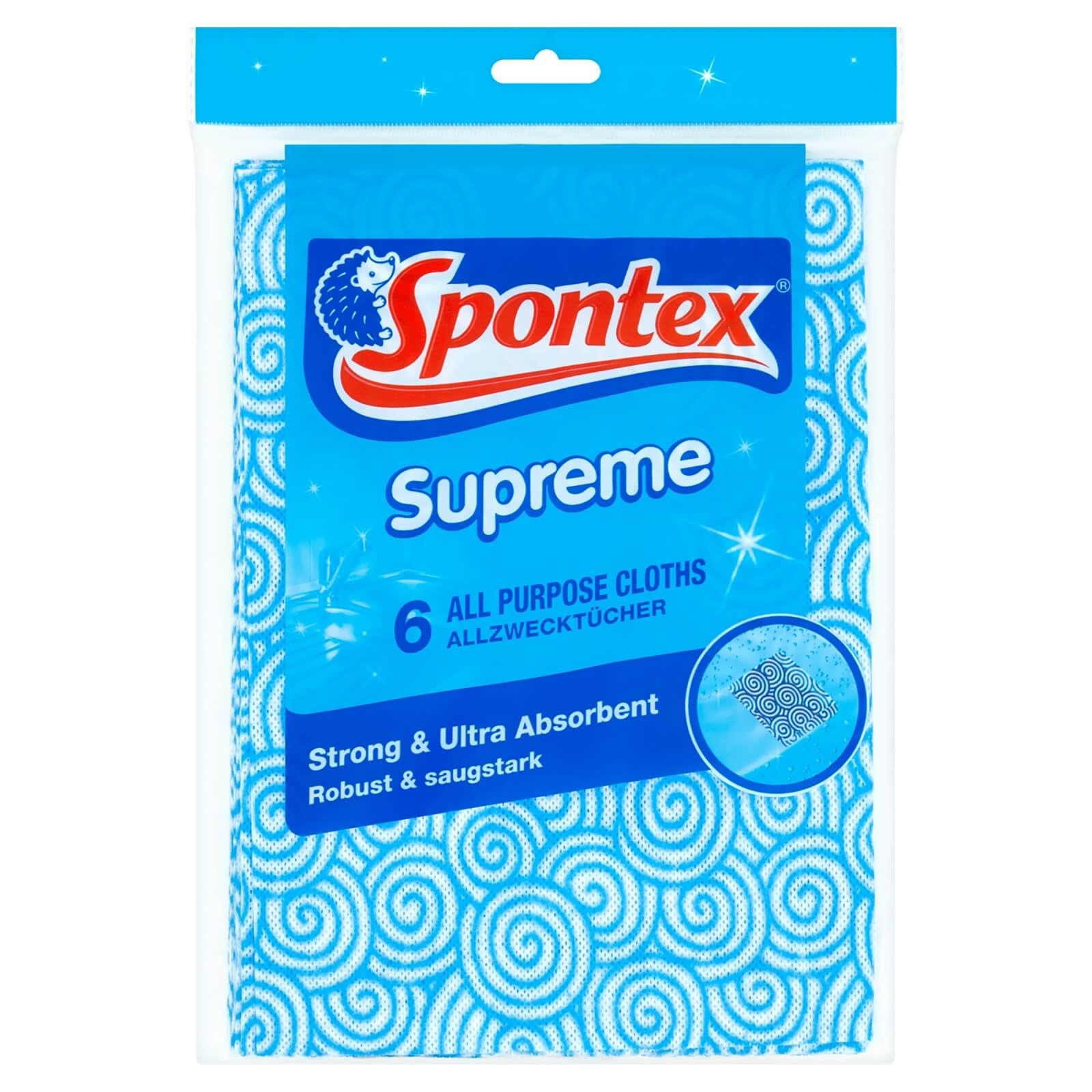 Six blue and white swirl-patterned all-purpose cloths packaged in a transparent bag, labeled "Spontex Supreme," highlighting their strong and ultra-absorbent qualities.