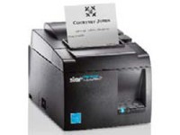Black wired direct thermal POS printer with a paper output slot, featuring a receipt printed with text, compact design, and a blue indicator light.