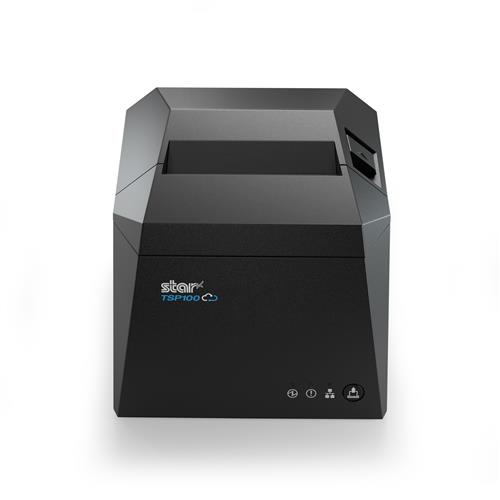 Black thermal printer with a sleek design, featuring an angled top, a paper output slot, and indicator lights on the front for power and connectivity.