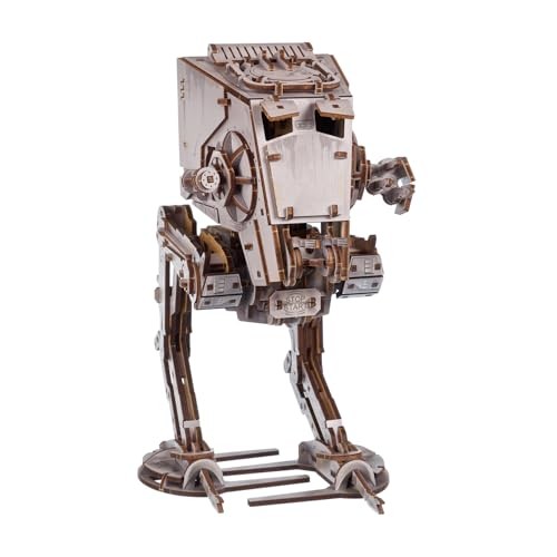 Wooden model of an AT-ST Walker from Star Wars, featuring intricate laser-cut details, a brown finish, and articulated legs for dynamic posing.