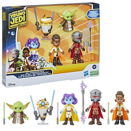 Colorful Star Wars Jedi action figure set featuring characters like Yoda and a droid, with lightsabers and accessories, packaged in a vibrant box with a space-themed background.