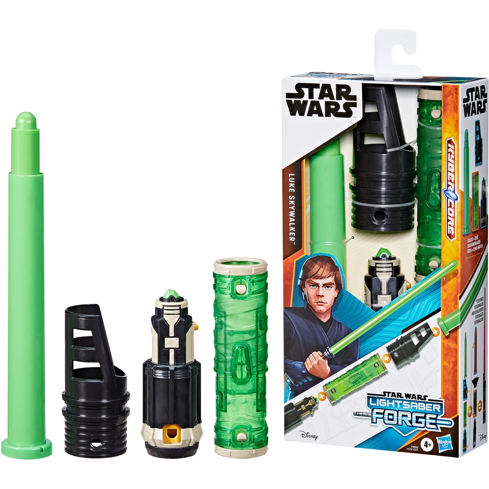 Green extendable lightsaber components with a black hilt and green accents, packaged in a colorful box featuring Luke Skywalker artwork and branding from Star Wars Toys.