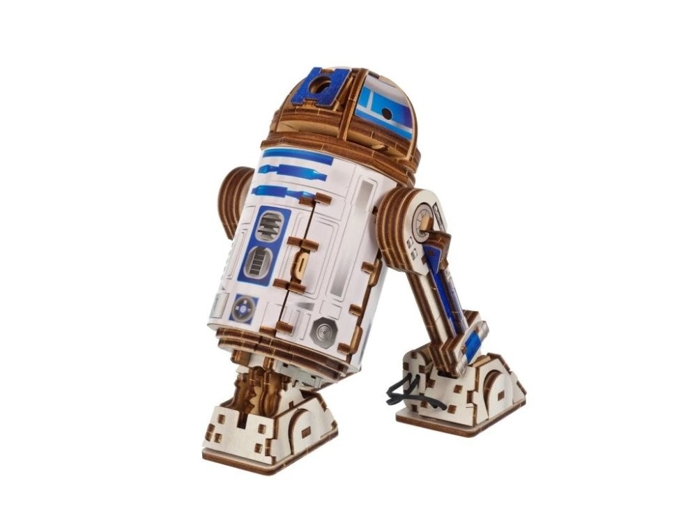 3D wooden puzzle model of R2-D2 from Star Wars, featuring a white and blue color scheme, intricate mechanical details, and movable parts for interactive play.