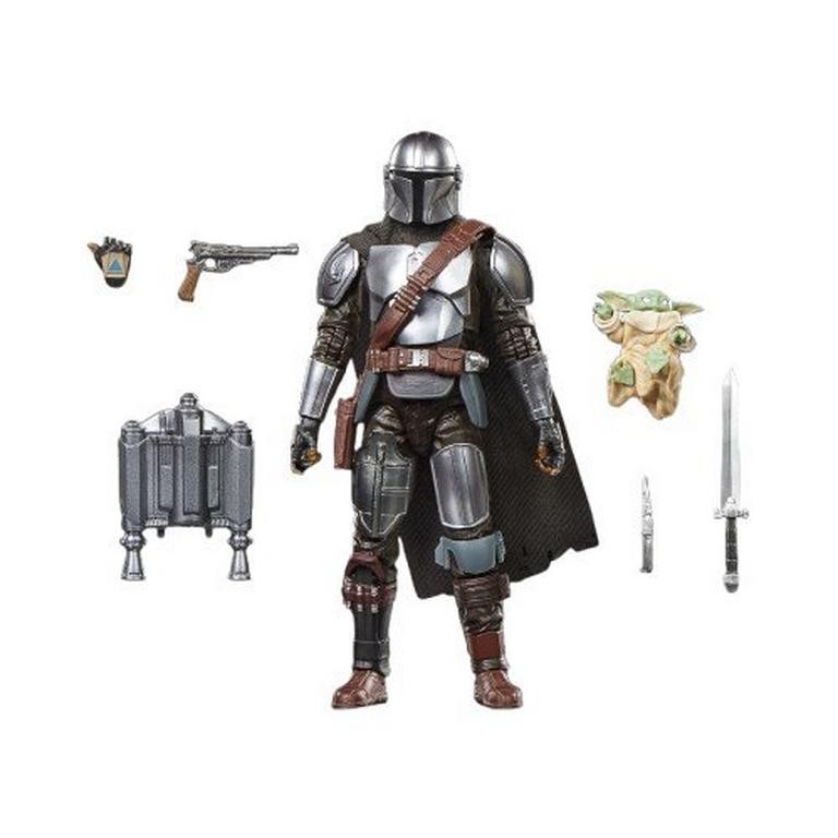Deluxe action figures of Mandalorian in silver armor and Grogu, featuring accessories like a blaster, knife, and backpack, all in detailed plastic.