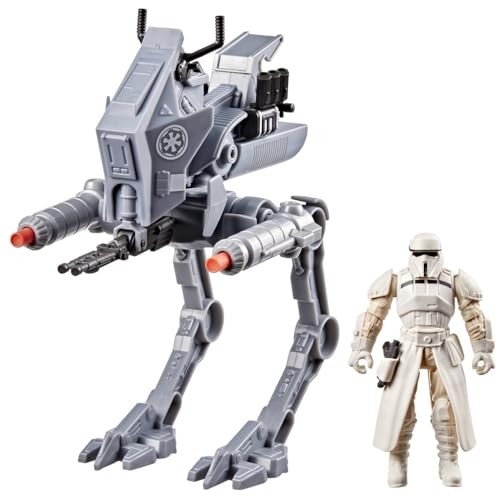 Gray AT-RT Imperial Driver playset with articulated legs, blaster cannons, and a white-clad action figure, featuring detailed armor and accessories.