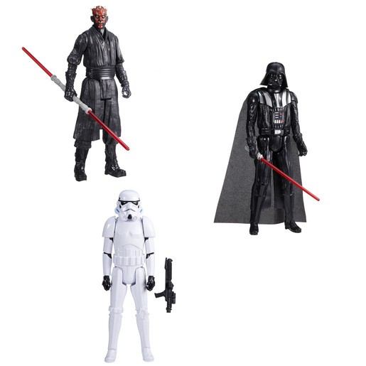 Three Star Wars Titan Hero action figures: a black-clad Darth Vader with a red lightsaber, a Stormtrooper in white armor with a blaster, and a red-skinned Darth Maul with a double-bladed lightsaber.