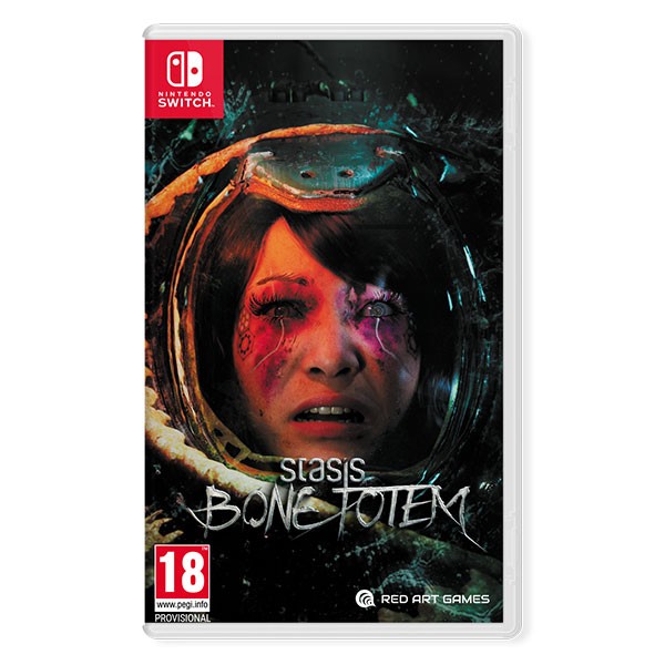Stasis: Bone Totem for Nintendo Switch features a haunting cover with a woman's face, dark colors, and a space helmet, emphasizing horror elements and an age rating of 18.