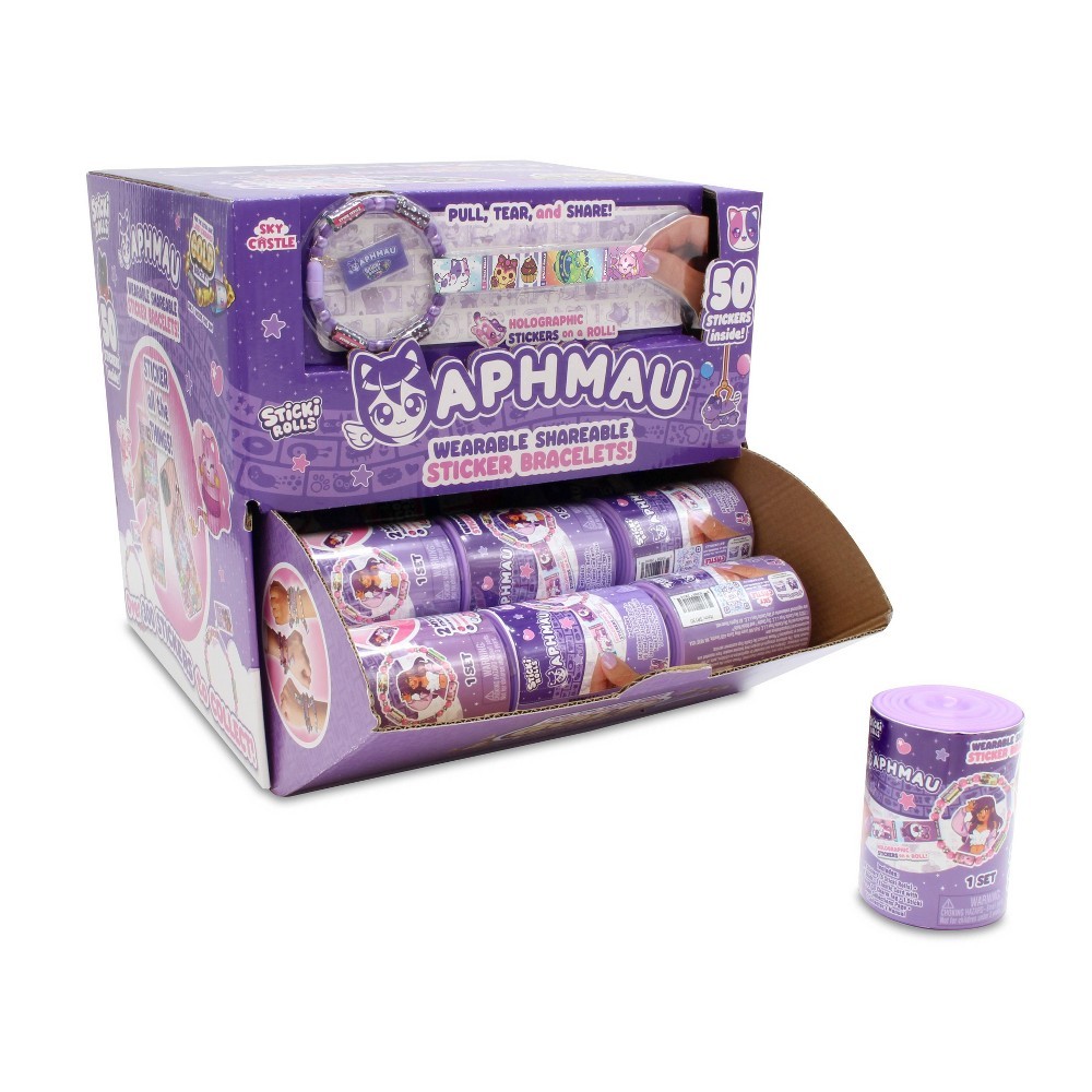 Limited edition Sticki Rolls X Aphmau set featuring a holographic pendant, fully assembled bracelet, and 120 colorful stickers in a purple box with playful graphics.