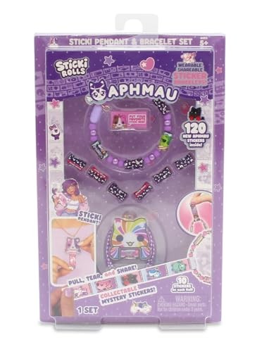 Purple packaging featuring the "Sticki Rolls Aphmau Pendant and Bracelet Sticker Craft Set," showcasing colorful stickers, a pendant, and a bracelet with various designs and characters.