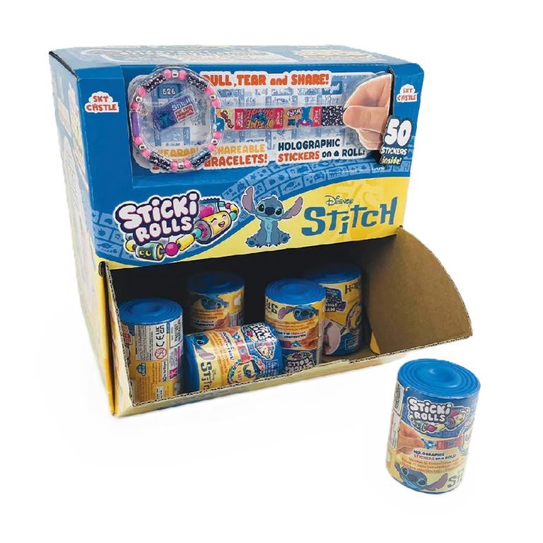 Colorful display box featuring multiple blue and yellow Sticki Rolls capsules, each containing mystery stickers and bracelets, with Stitch graphics and vibrant designs.
