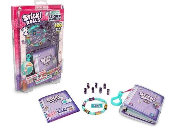 Colorful Sticki Rolls Sticki Series 2 Sticker Book Craft Set featuring a clear packaging, a sticker book, bracelet-making materials, and a variety of colorful beads and charms.