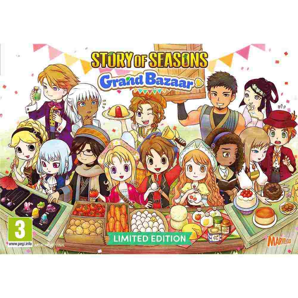 Colorful artwork featuring various characters from "Story of Seasons: Grand Bazaar," surrounded by food items and festive decorations, with "LIMITED EDITION" prominently displayed.