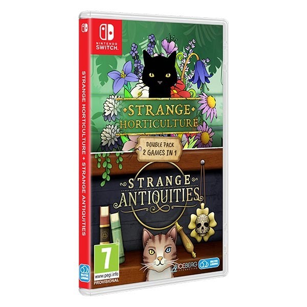 Double pack for Nintendo Switch featuring "Strange Horticulture" with a black cat and flowers, and "Strange Antiquities" with a cat and a skull, in a colorful, illustrated design.