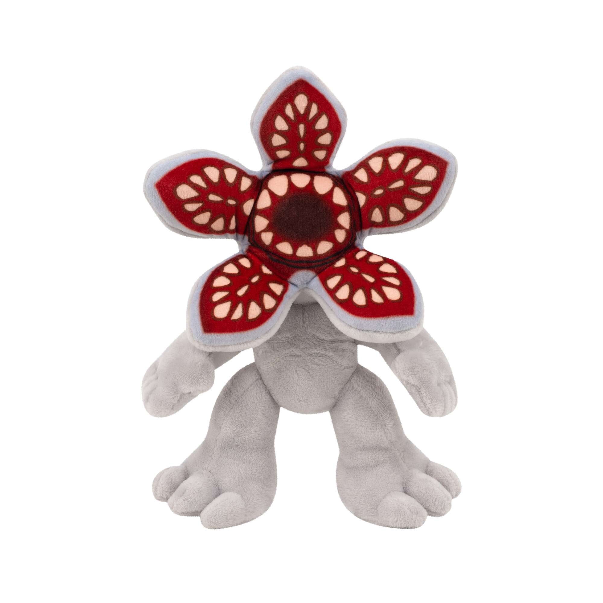 Soft 8-inch Demogorgon plush in grey with a flower-like head featuring red and white embroidery, large central eye, and detailed teeth, perfect for fans of Stranger Things.