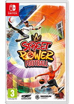 Colorful game cover featuring "Street Power Football" title, showcasing dynamic characters in urban settings, with a vibrant background and logos for Nintendo Switch and Maximum Games.
