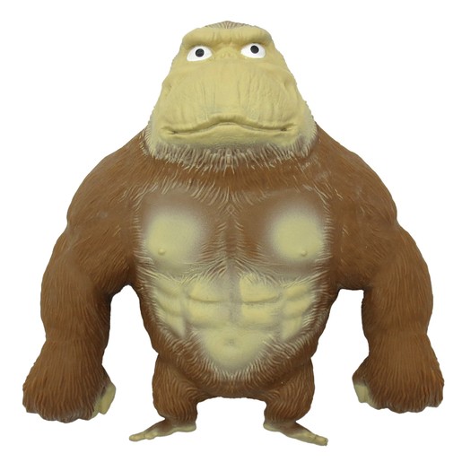 Brown stretch figure resembling a muscular gorilla with a smooth, rubbery texture, wide eyes, and defined chest muscles, featuring a playful and cartoonish design.